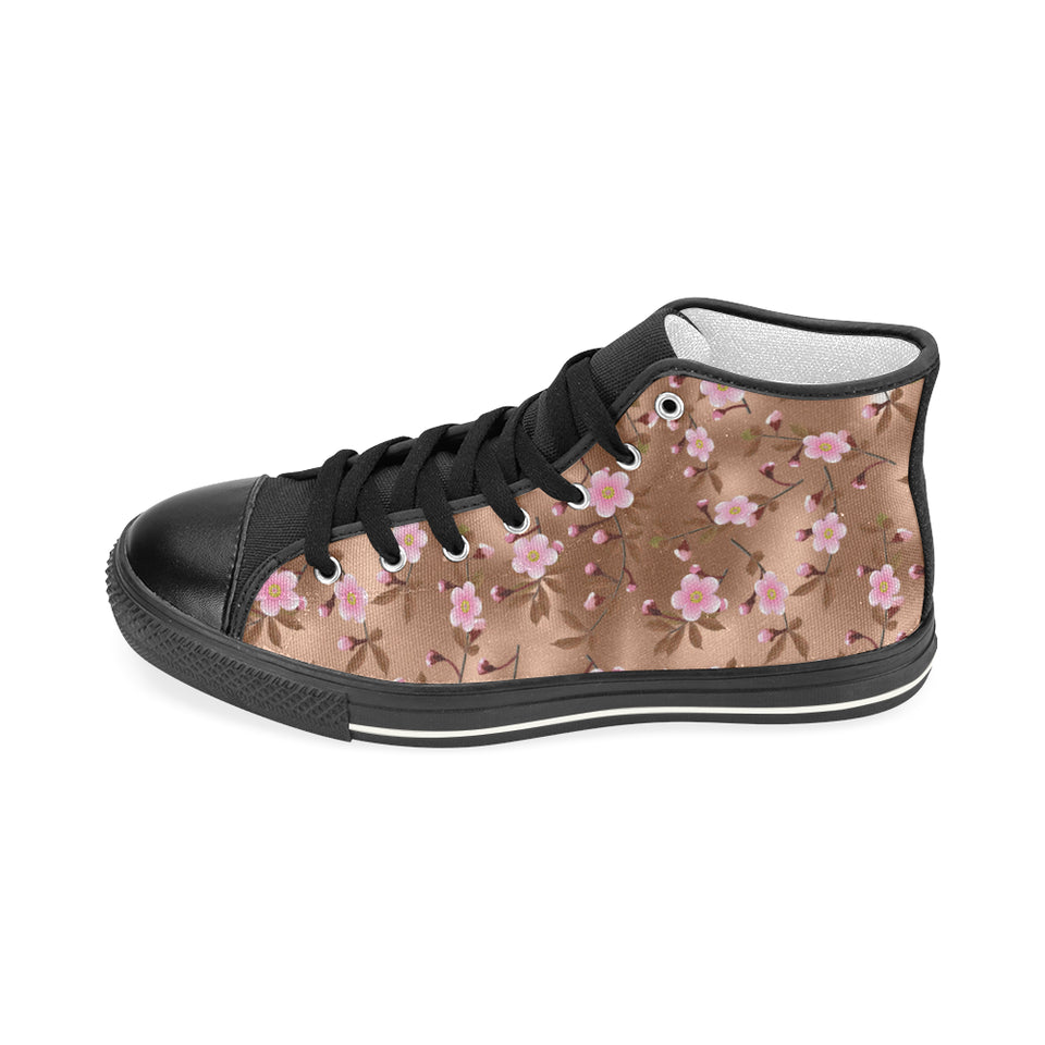 Pink sakura cherry blossom drak brown background Women's High Top Canvas Shoes Black