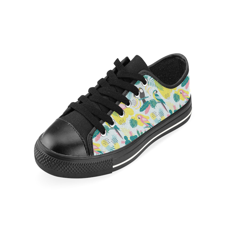 Cute parrot toucan flamingo cactus exotic leaves p Men's Low Top Canvas Shoes Black