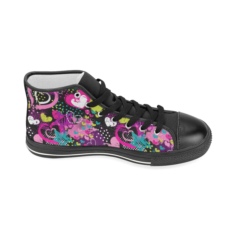heart dot wave star creative design pattern Women's High Top Canvas Shoes Black