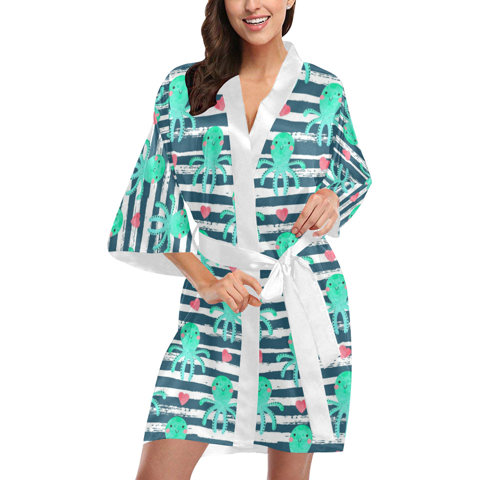Cute octopuses heart striped background Women's Short Kimono Robe