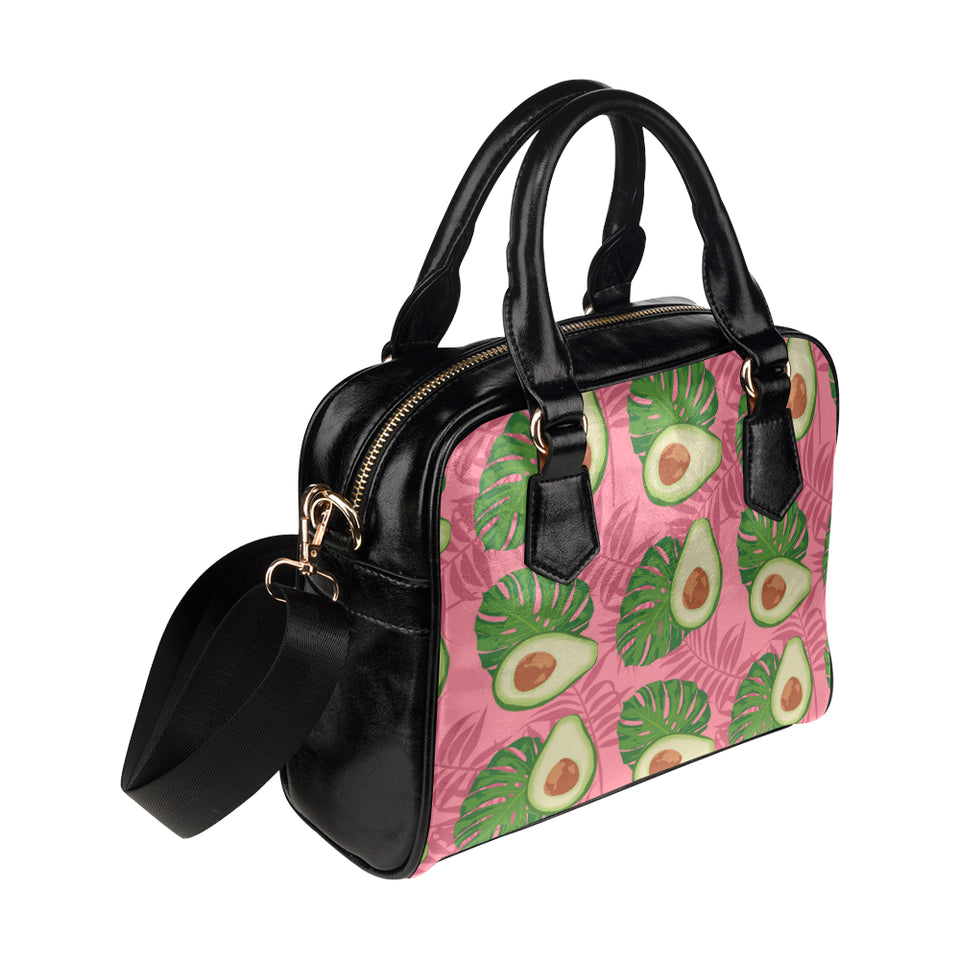 Avocado slices leaves pink back ground Shoulder Handbag