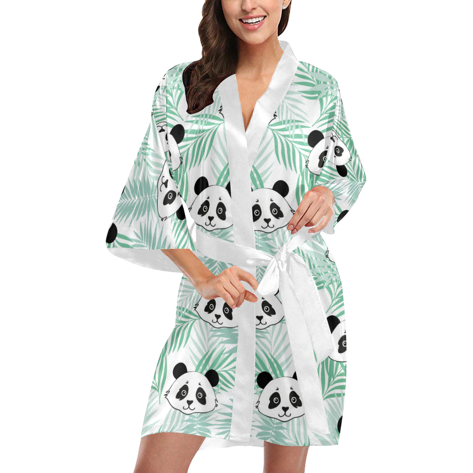 Panda pattern tropical leaves background Women's Short Kimono Robe
