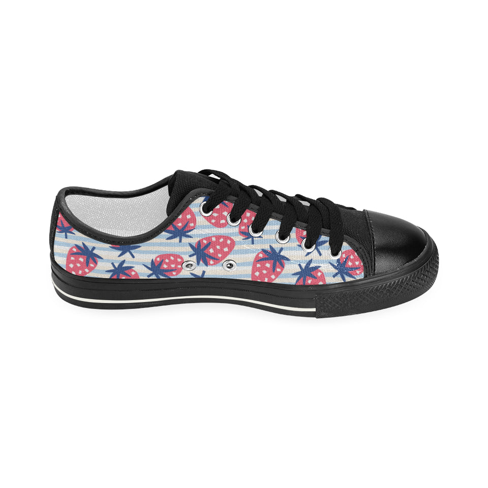 Strawberry pattern blue lines background Women's Low Top Canvas Shoes Black