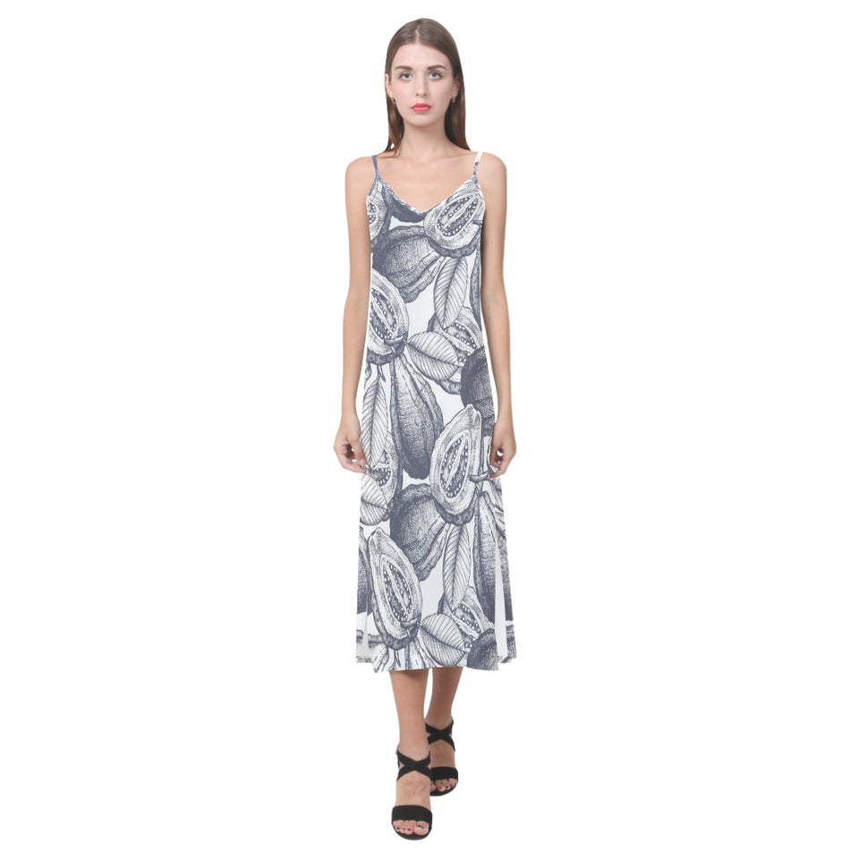 Guava tropical hand drawn pattern V-Neck Open Fork Long Dress