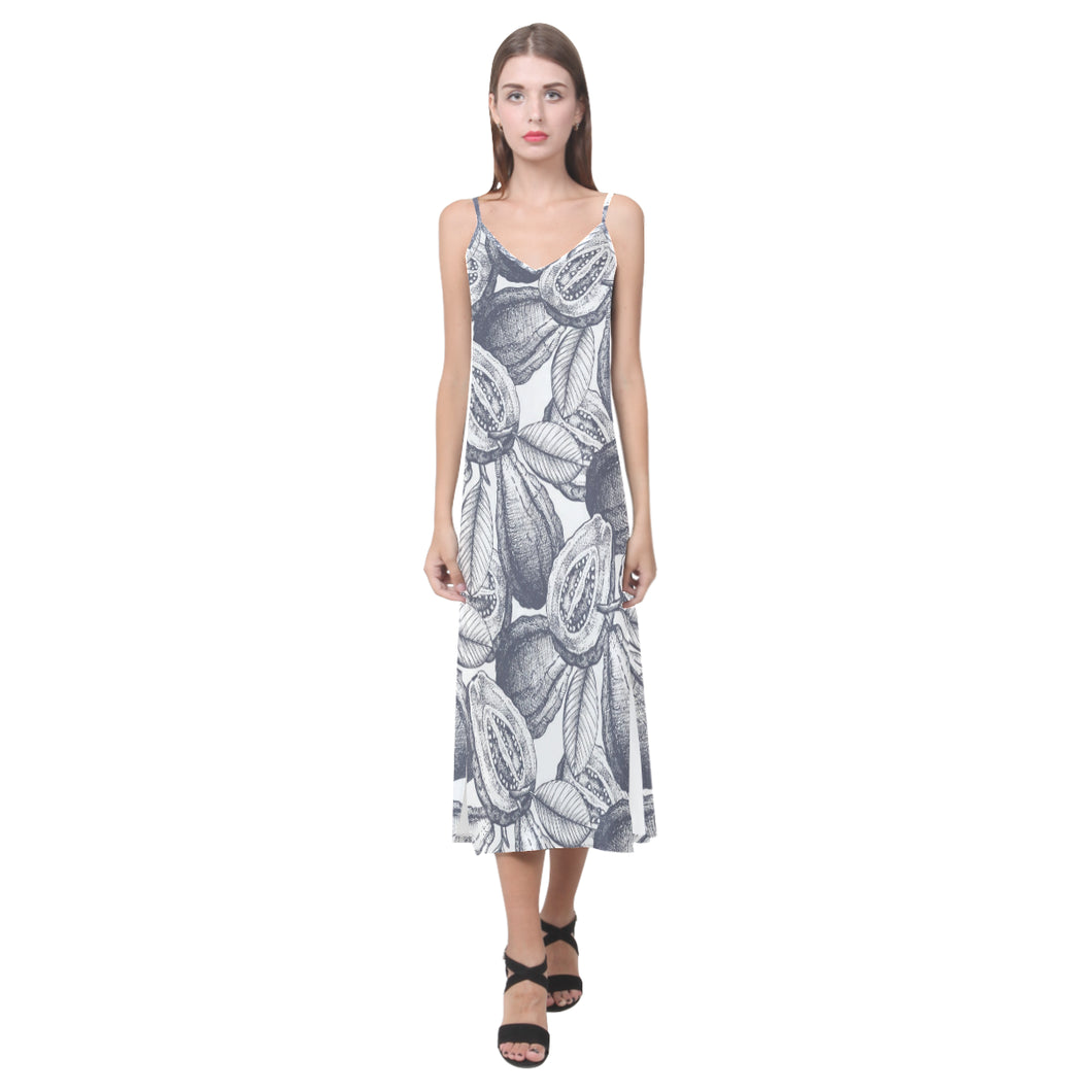 Guava tropical hand drawn pattern V-Neck Open Fork Long Dress