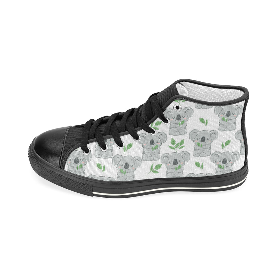 Hand drawn Koala leaves pattern Women's High Top Canvas Shoes Black