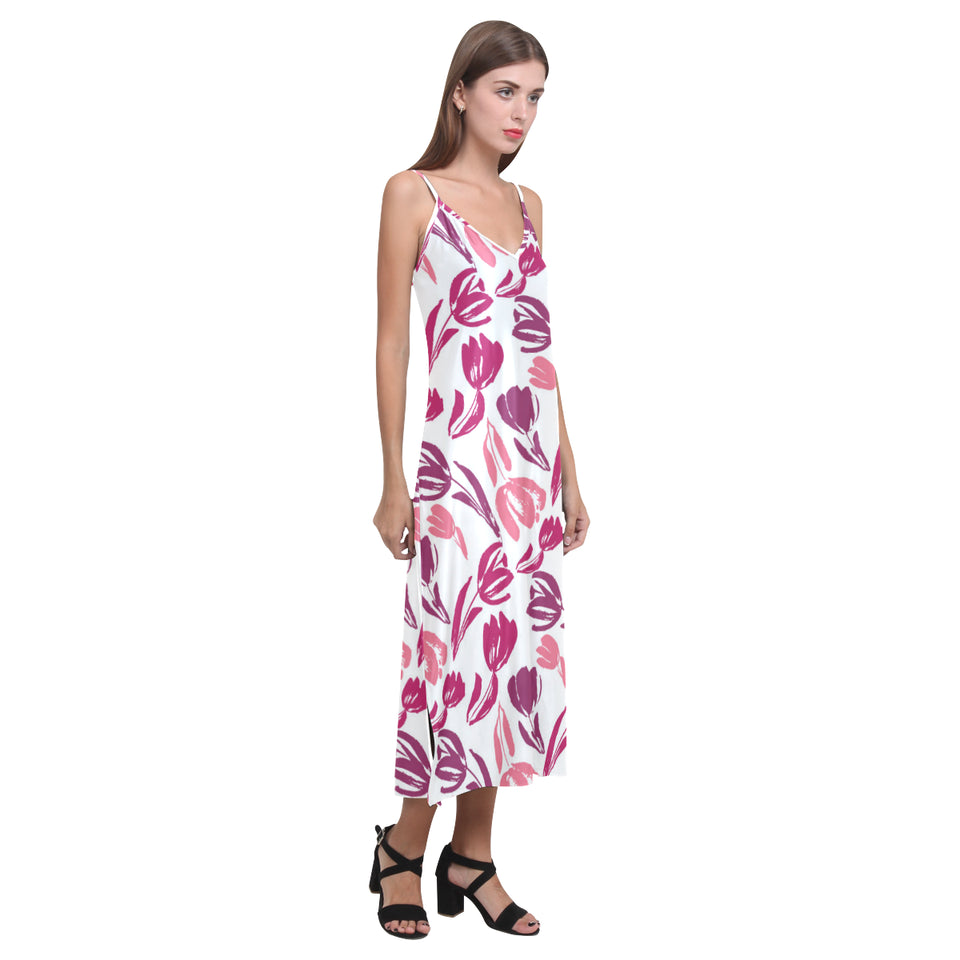 pink sketch tulip pattern V-Neck Open Fork Long Dress