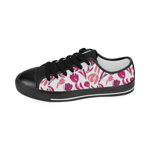 pink sketch tulip pattern Kids' Boys' Girls' Low Top Canvas Shoes Black