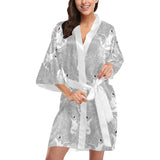 white swan gray background Women's Short Kimono Robe