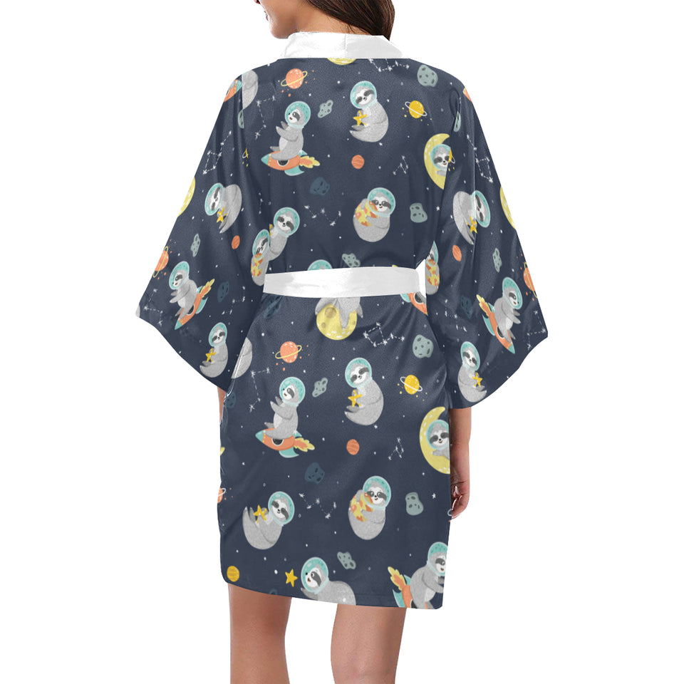 Cute sloth astronaut star planet rocket pattern Women's Short Kimono Robe
