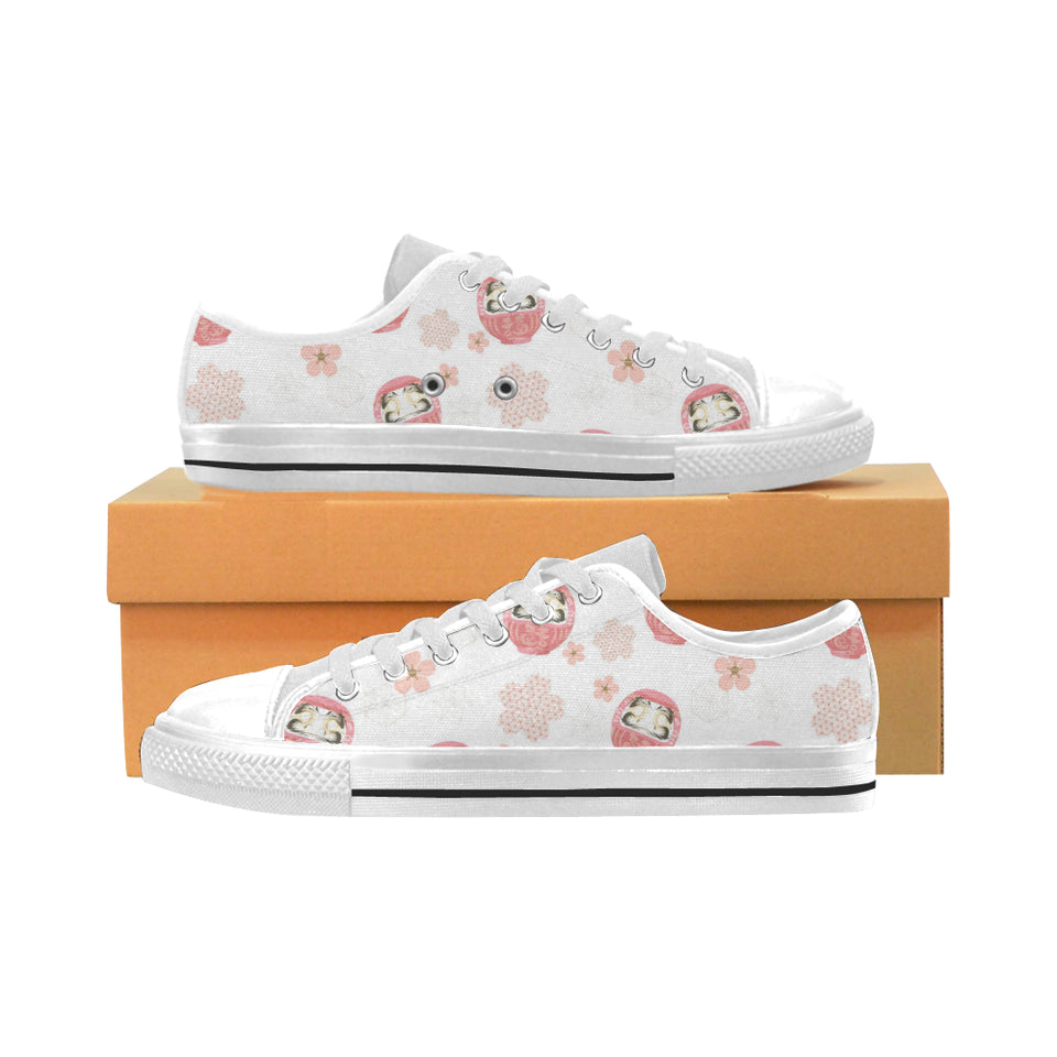 Daruma japanese wooden doll cherry blossom flower Men's Low Top Canvas Shoes White