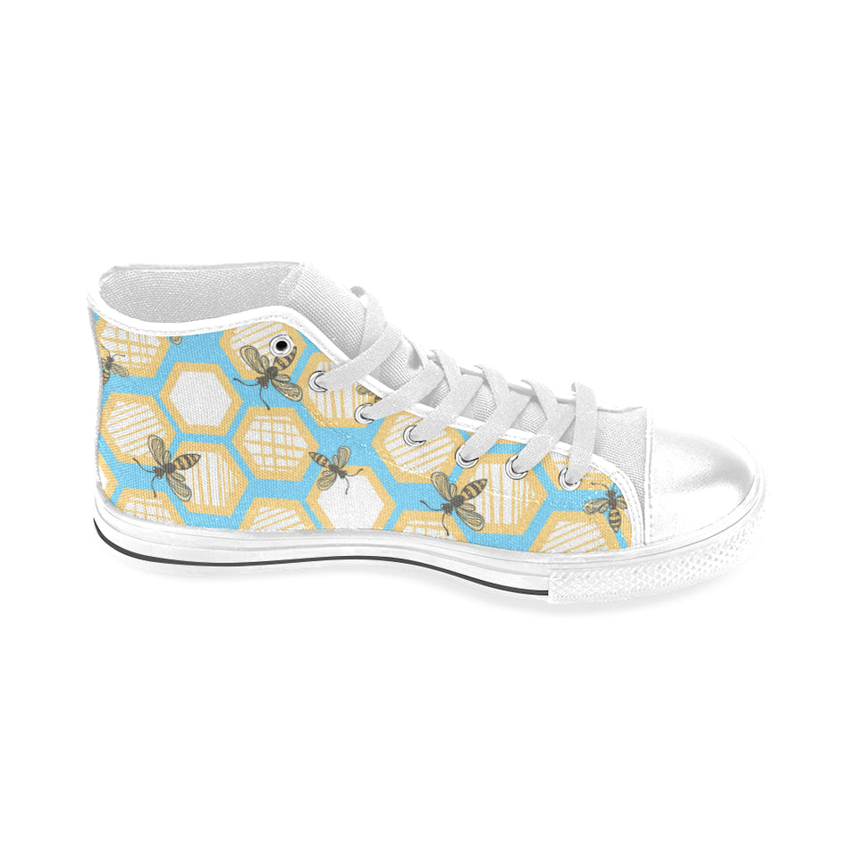 Bee honeycomb pattern Men's High Top Canvas Shoes White