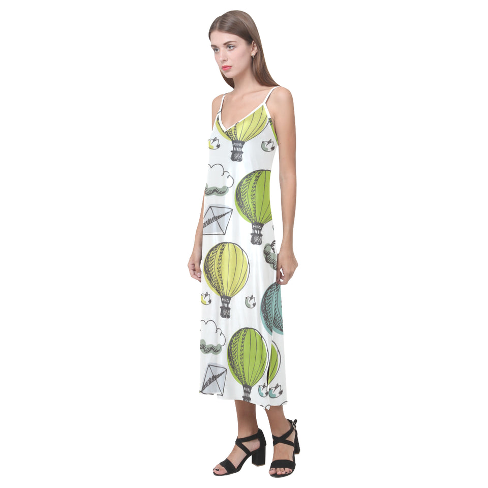 Hot Air Balloon Bird Cloud Pattern V-Neck Open Fork Long Dress