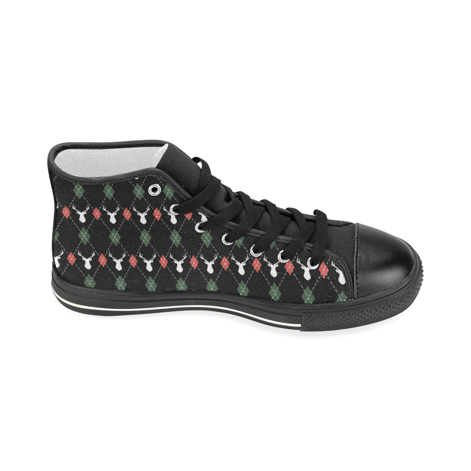 Deer Christmas new year pattern argyle Women's High Top Canvas Shoes Black
