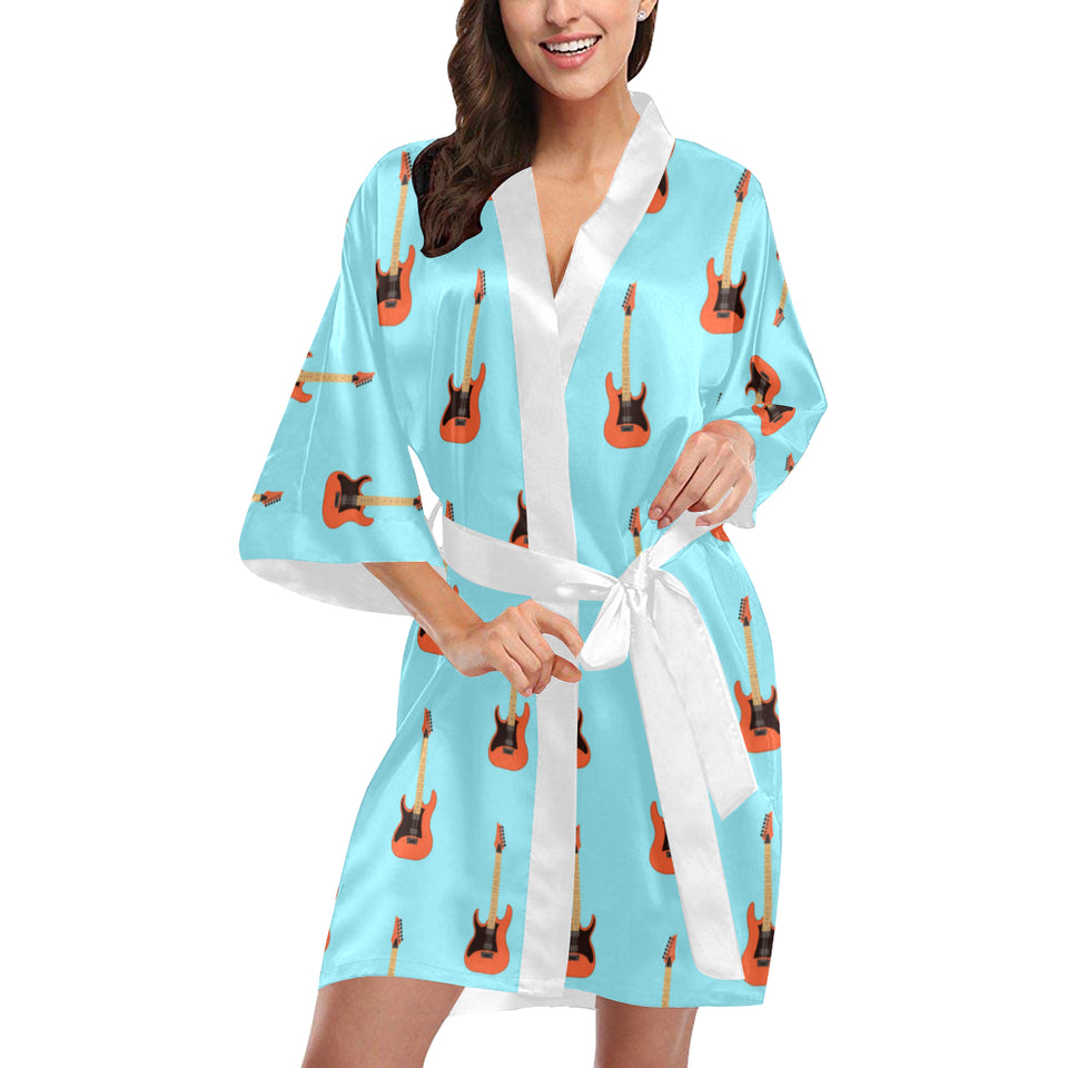 electric guitar pattern light blue background Women's Short Kimono Robe