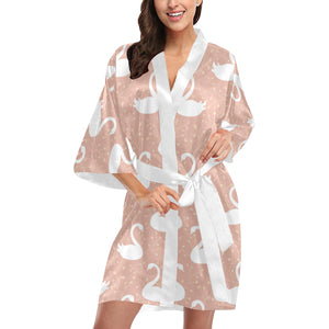 Swan flower light pink background Women's Short Kimono Robe