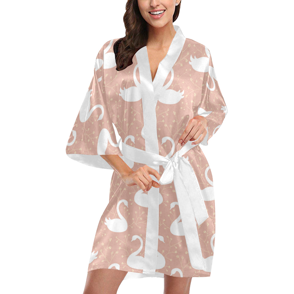 Swan flower light pink background Women's Short Kimono Robe