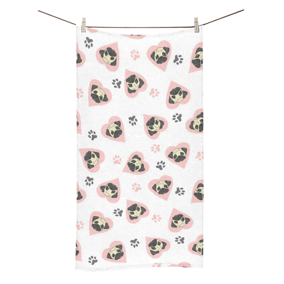 Cute pugs pink heart paw pattern Bath Towel