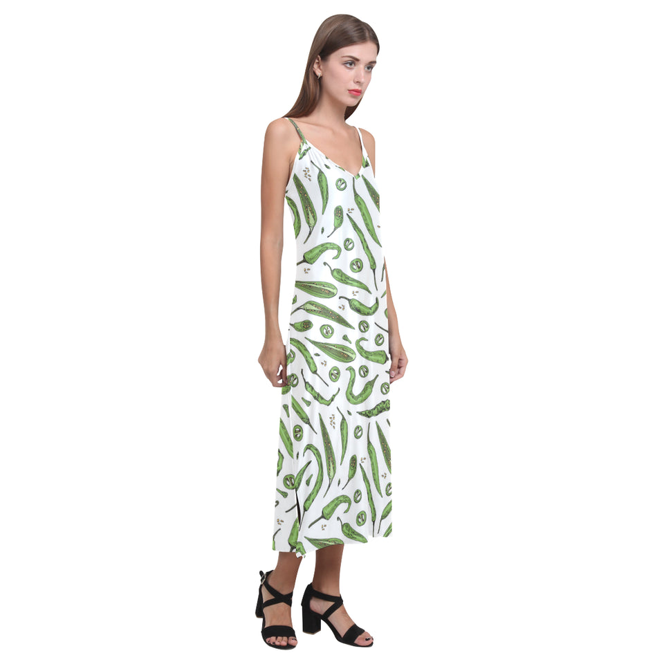 Hand drawn sketch style green Chili peppers patter V-Neck Open Fork Long Dress