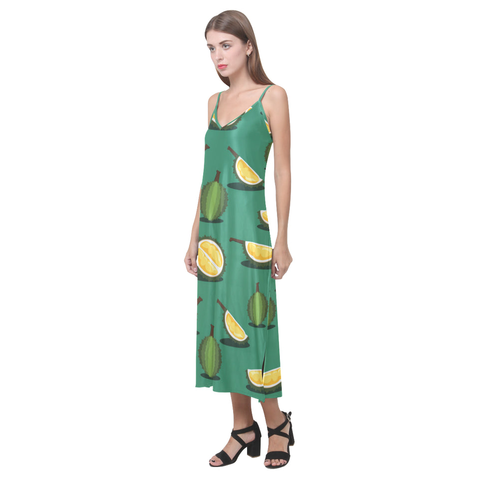 Durian pattern green background V-Neck Open Fork Long Dress