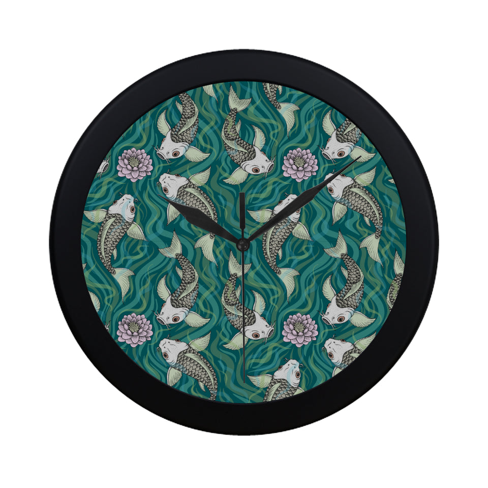 Koi Fish Carp Fish lotus pattern Elegant Black Wall Clock
