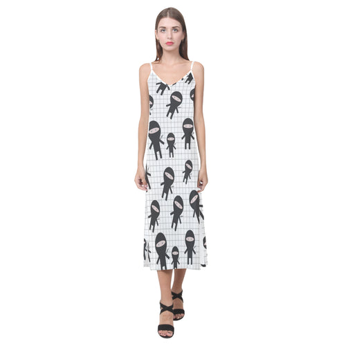 Ninja pattern plaid background V-Neck Open Fork Long Dress