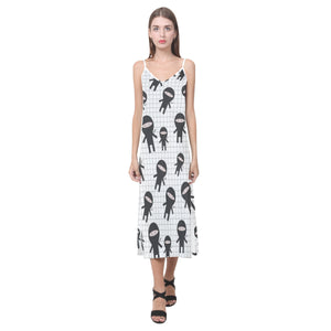 Ninja pattern plaid background V-Neck Open Fork Long Dress