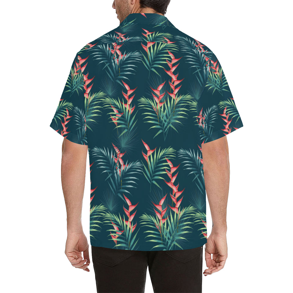 heliconia flowers, palm and monstera leaves on bla Men's All Over Print Hawaiian Shirt