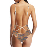 Bonsai bamboo stork japanese pattern brown theme Women's One-Piece Swimsuit