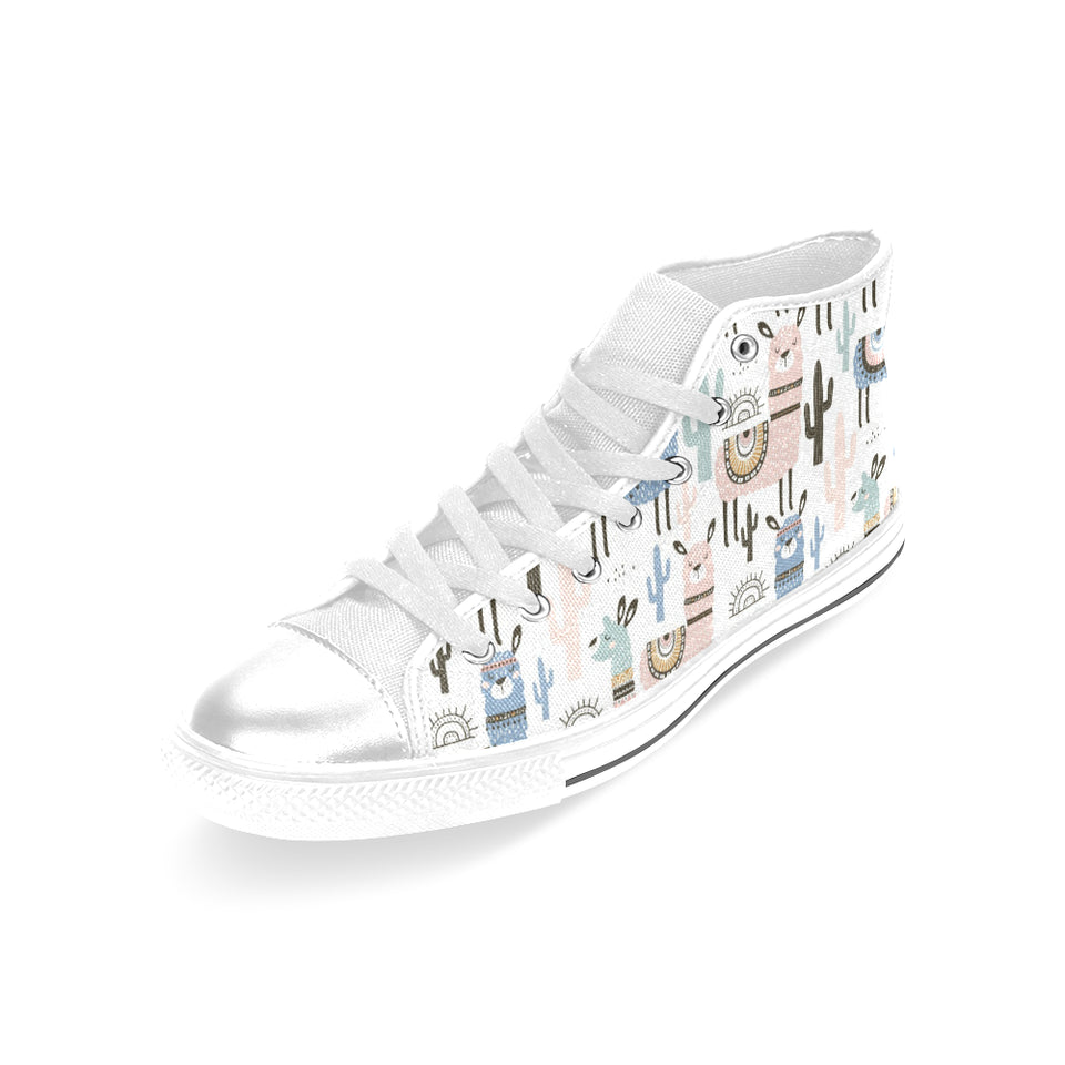 lama Alpaca cactus hand drawn pattern Women's High Top Canvas Shoes White