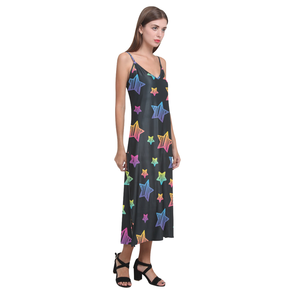 Colorful star pattern V-Neck Open Fork Long Dress