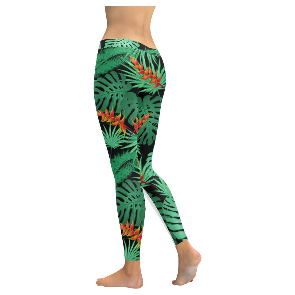 heliconia flower palm monstera leaves black backgr Women's Legging Fulfilled In US