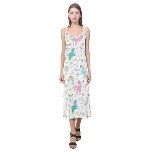 Colorful unicorn pattern V-Neck Open Fork Long Dress