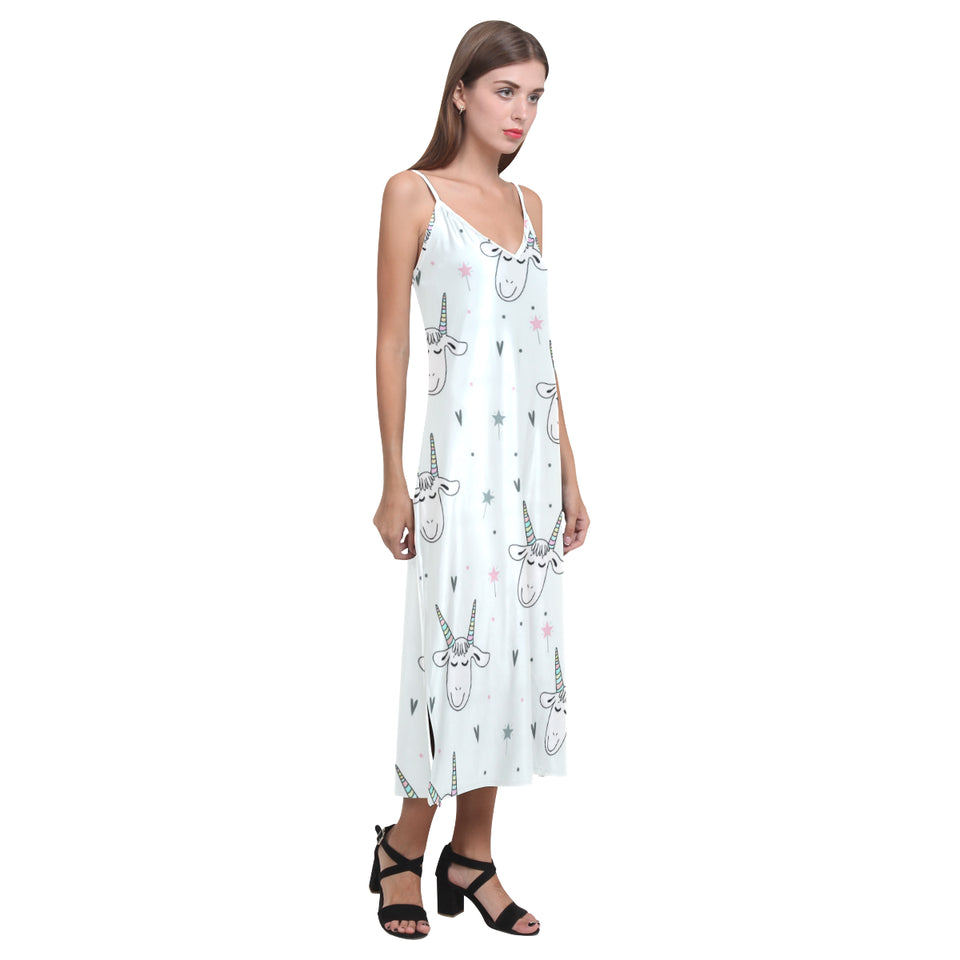 Cute goat design pattern V-Neck Open Fork Long Dress