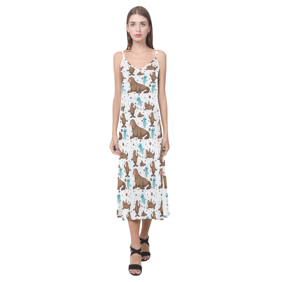 sea lion Seals jellyfish pattern V-Neck Open Fork Long Dress
