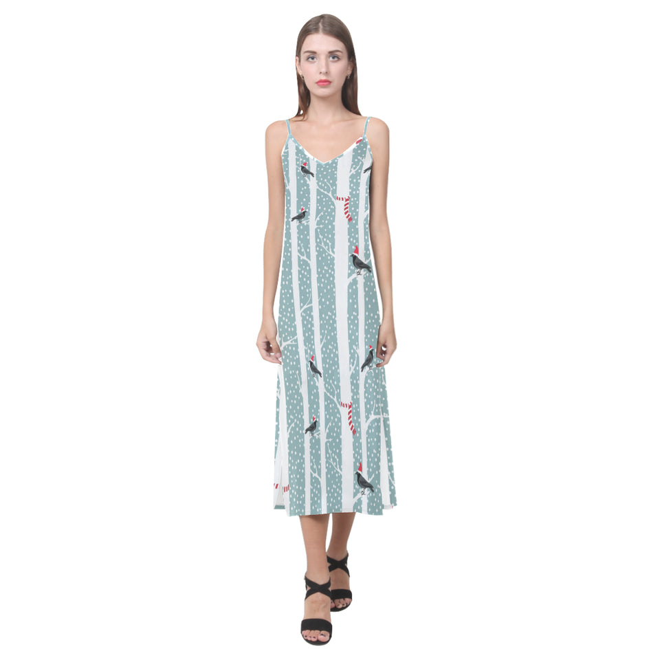 Crows christmas hat scarf V-Neck Open Fork Long Dress