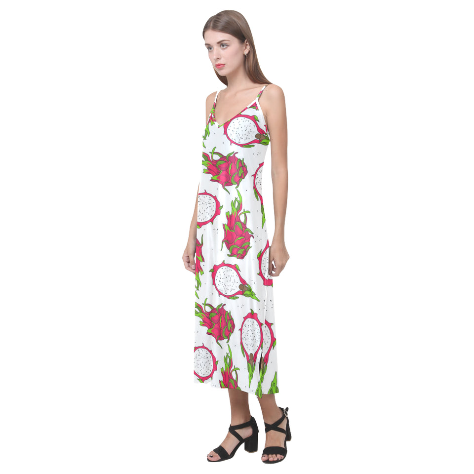 dragon fruits white background V-Neck Open Fork Long Dress