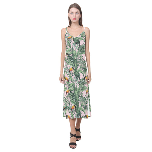 Toucan tropical green jungle palm pattern V-Neck Open Fork Long Dress