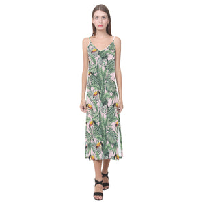 Toucan tropical green jungle palm pattern V-Neck Open Fork Long Dress