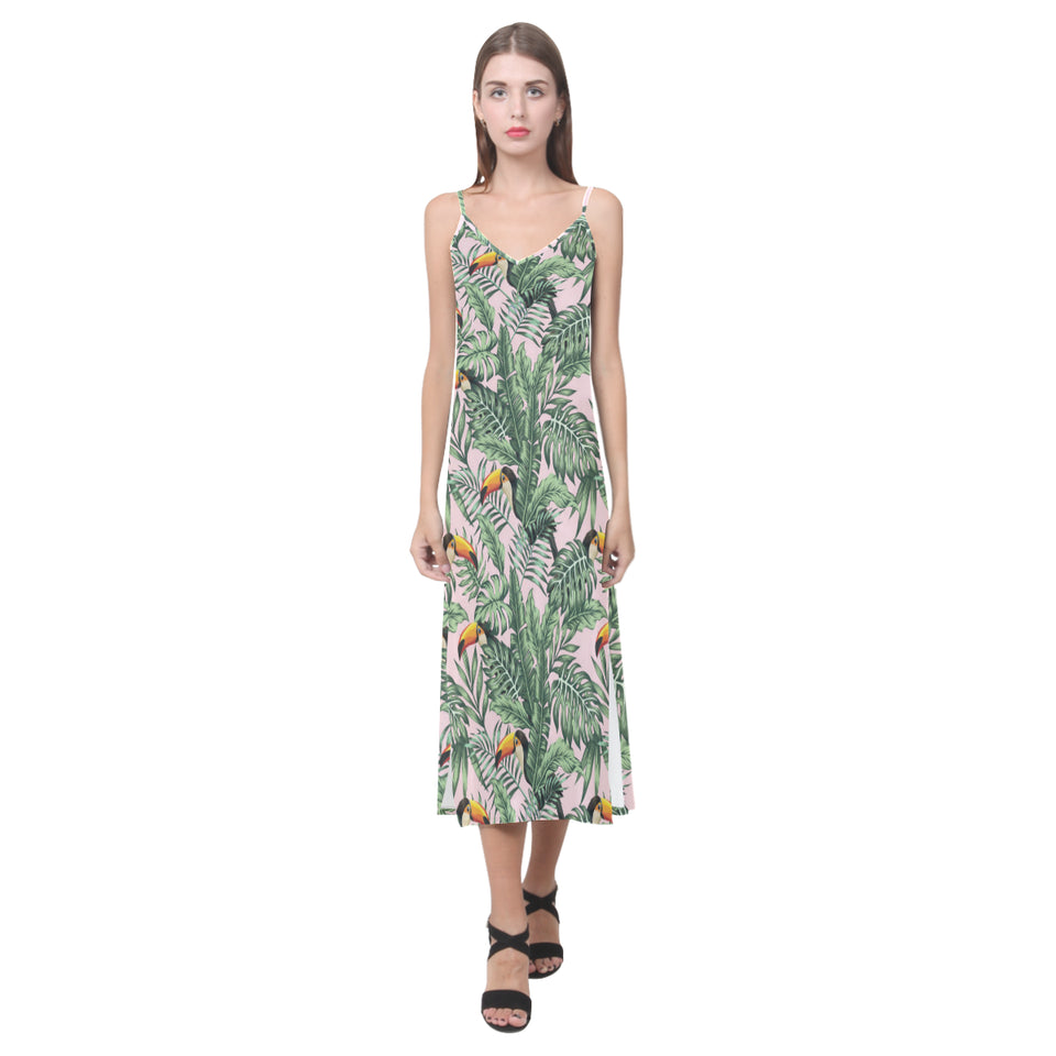Toucan tropical green jungle palm pattern V-Neck Open Fork Long Dress
