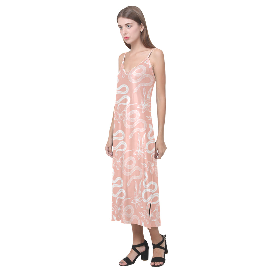 Snake lilies flower pattern V-Neck Open Fork Long Dress