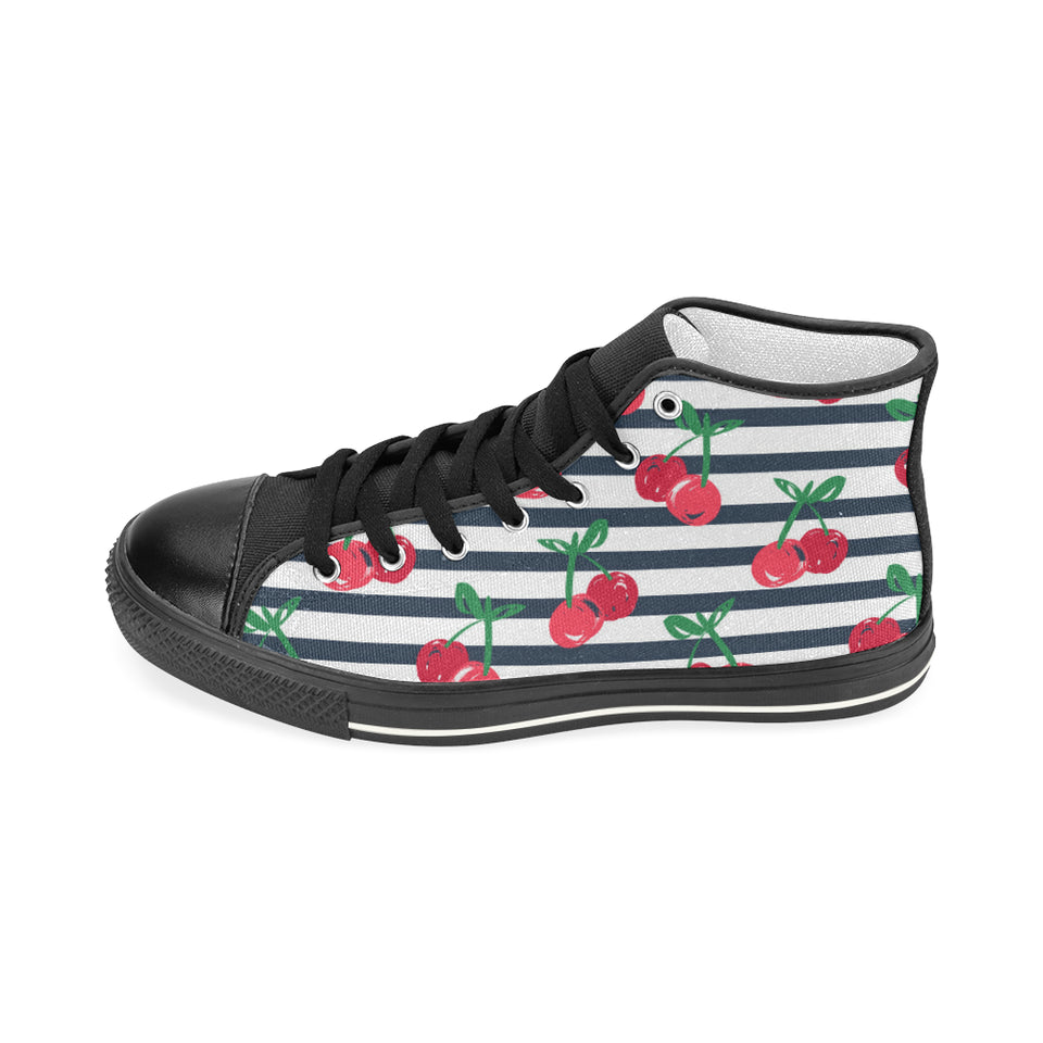 Hand drawn cherry pattern striped background Women's High Top Canvas Shoes Black