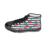 Hand drawn cherry pattern striped background Women's High Top Canvas Shoes Black