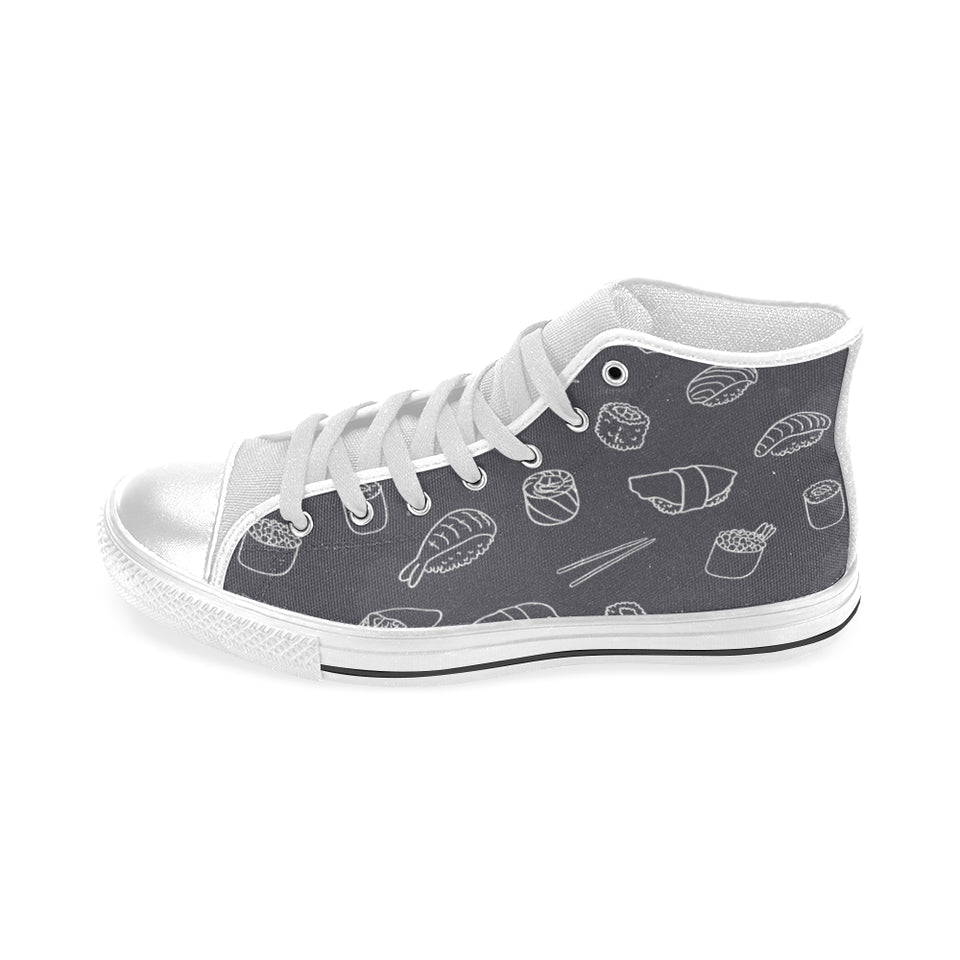 sushi pattern black background Men's High Top Canvas Shoes White