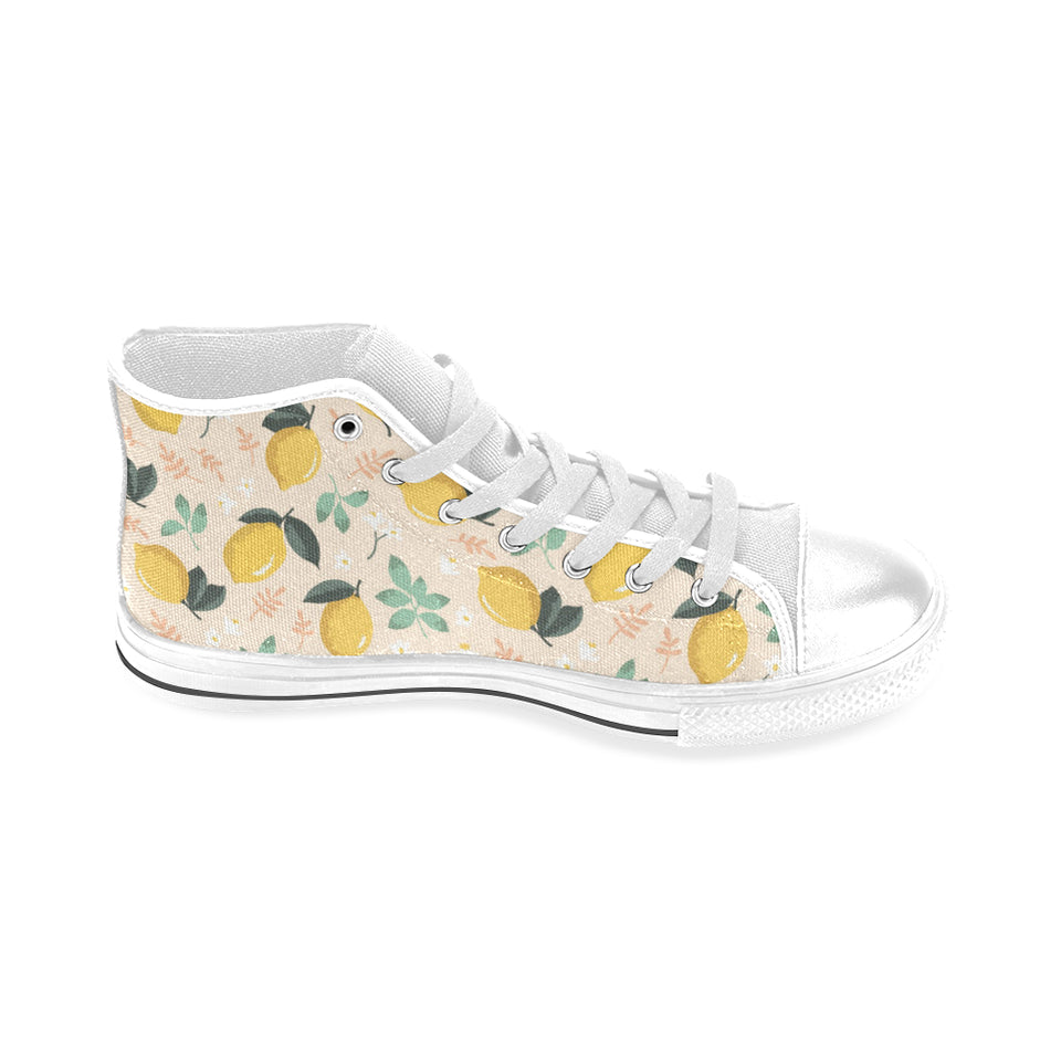 lemon flower leave pattern Men's High Top Canvas Shoes White