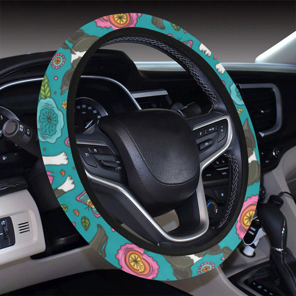 Boston terrier beautiful flower pattern Car Steering Wheel Cover