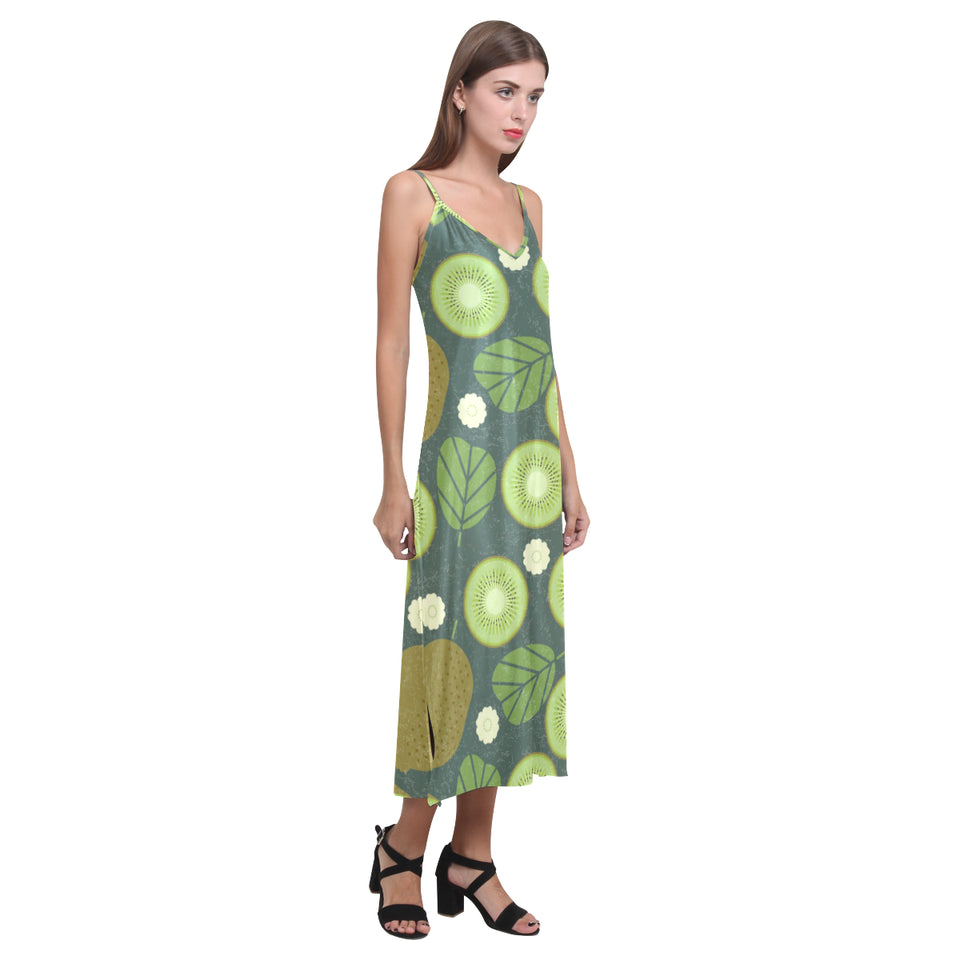 Whole sliced kiwi leave and flower V-Neck Open Fork Long Dress