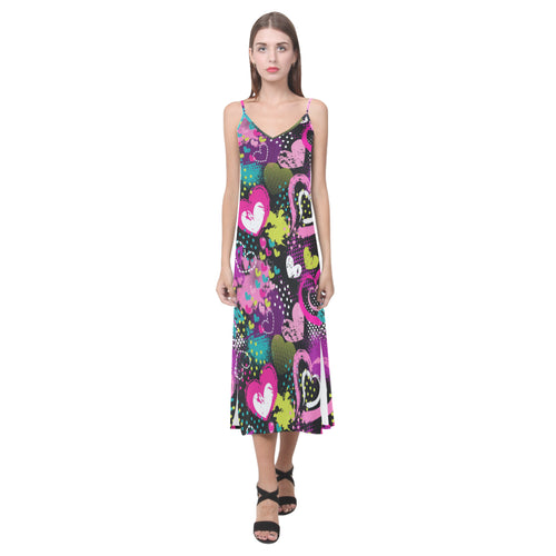 heart dot wave star creative design pattern V-Neck Open Fork Long Dress