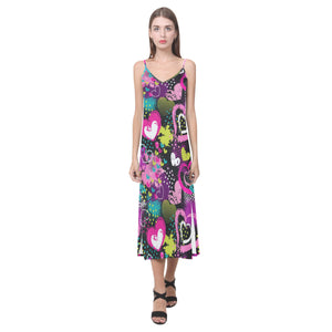 heart dot wave star creative design pattern V-Neck Open Fork Long Dress