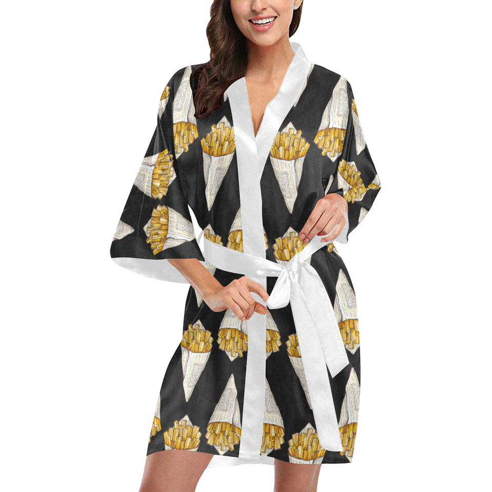 French fries dark background Women's Short Kimono Robe